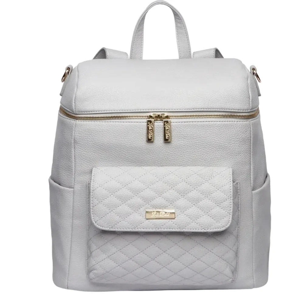 Luli Bebe Monaco Diaper Bag Stone Gray Vegan Leather Backpack Gold Hardware NEW